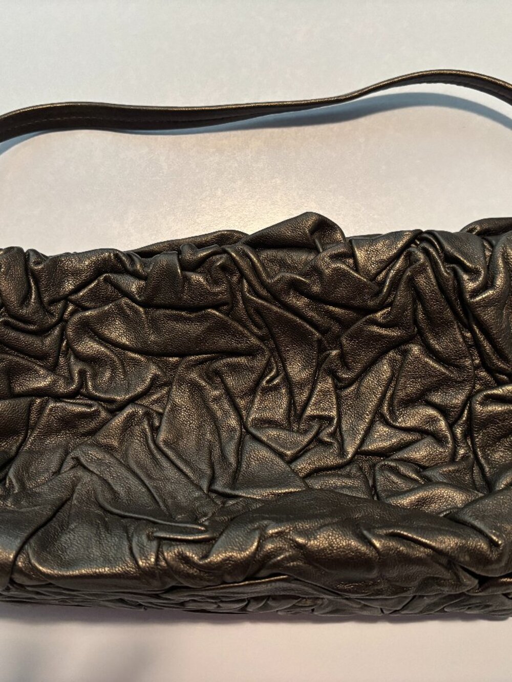 Vintage Black DESMO soft-leather zipper purse with 3D ruffle look